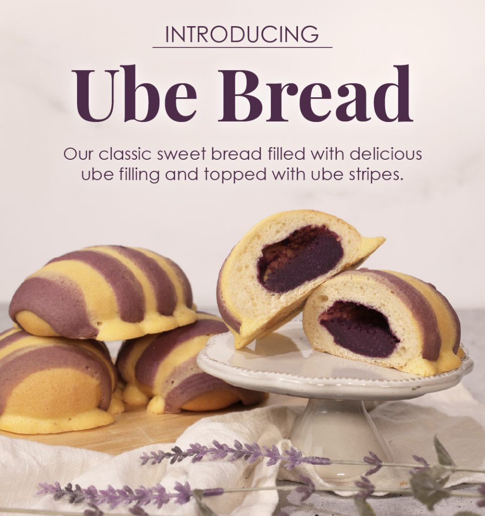 cafe bakery menu Introducing Ube Bread: Our classic sweet bread filled with delicious ube filling and topped with ube stripes