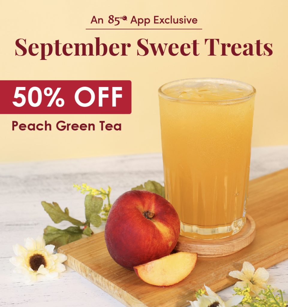 An 85°C App Exclusive September Sweet Treats 50% OFF Peach Green Tea