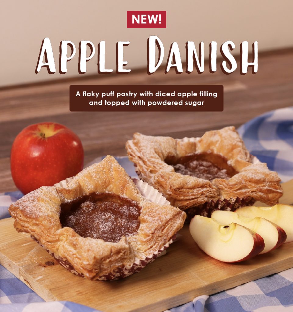 NEW! Apple Danish: A flaky puff pastry with diced apple filling and topped with powdered sugar