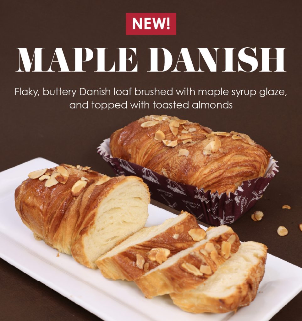 NEW! Maple Danish | Flaky, buttery Danish loaf brushed with maple syrup glaze, and topped with toasted almonds