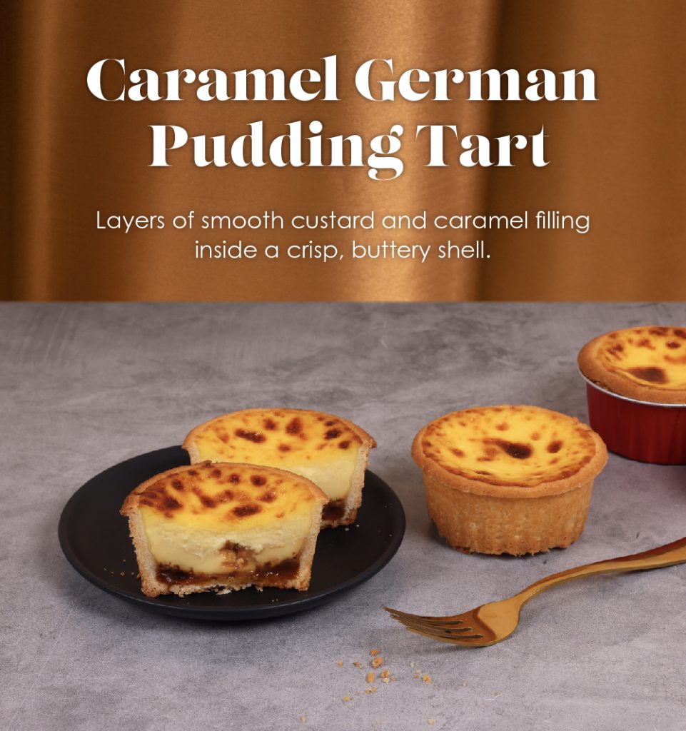Caramel German Pudding Tart | Layers of smooth custard and caramel filling inside a crisp, buttery shell.