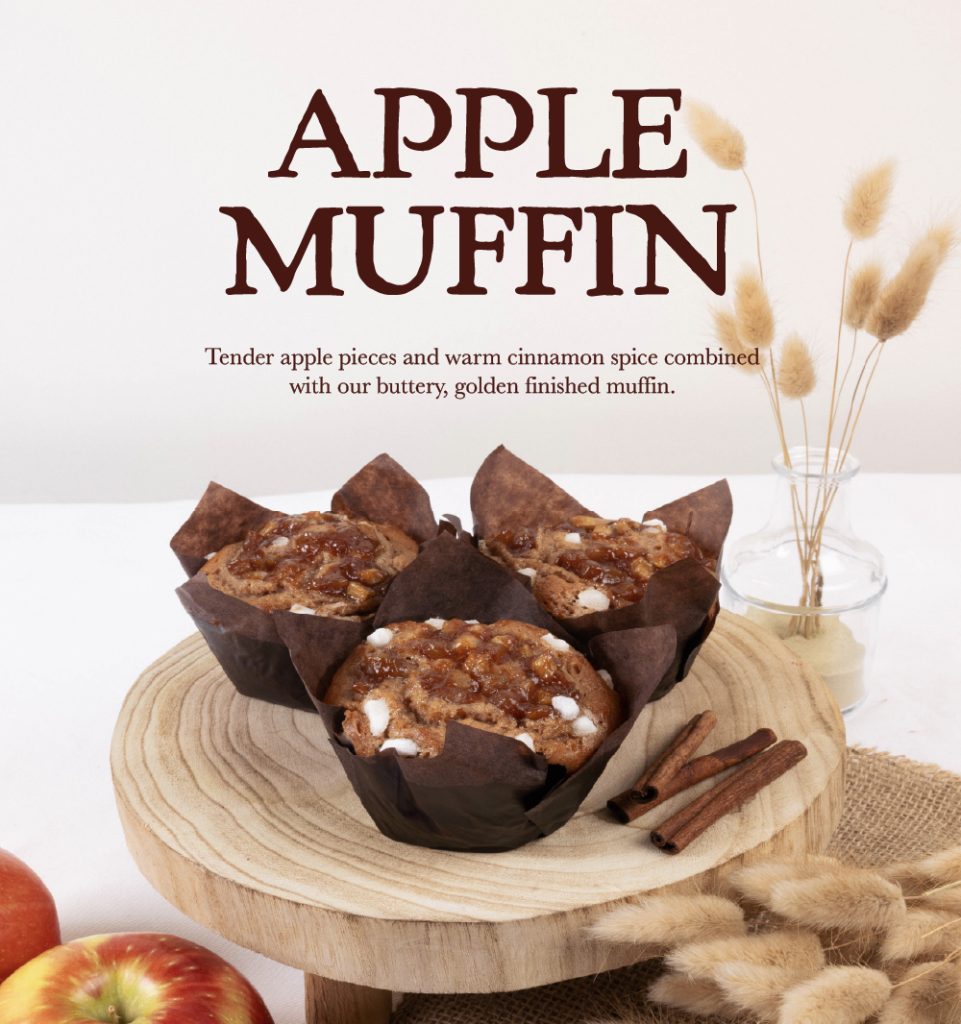 Apple Muffin
Tender apple pieces and warm cinnamon spice combined with our buttery, golden finished mmuffin.